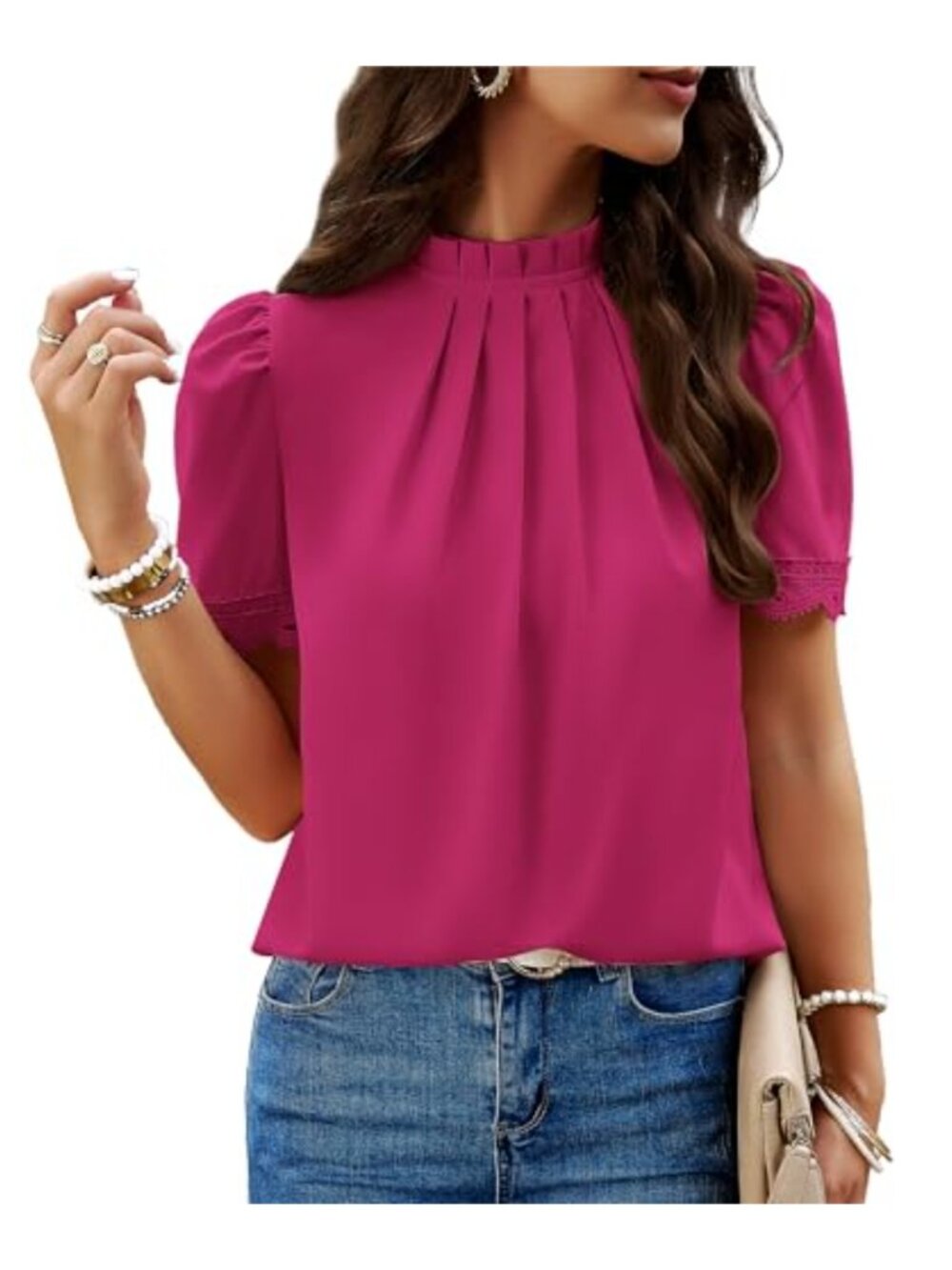 Womens Mock Neck Puff Short Sleeve Blouse Lace Trim Keyhole Back